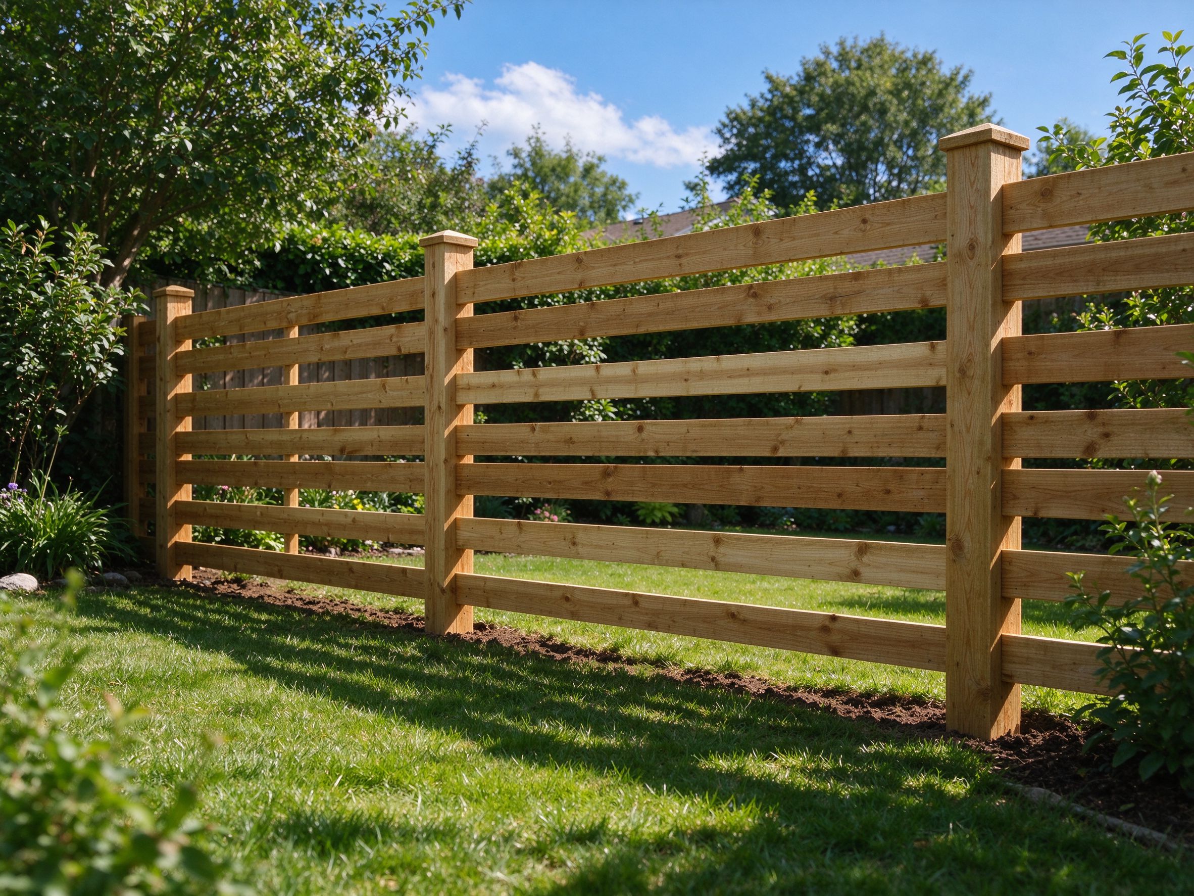 New wooden fence in a sunny garden