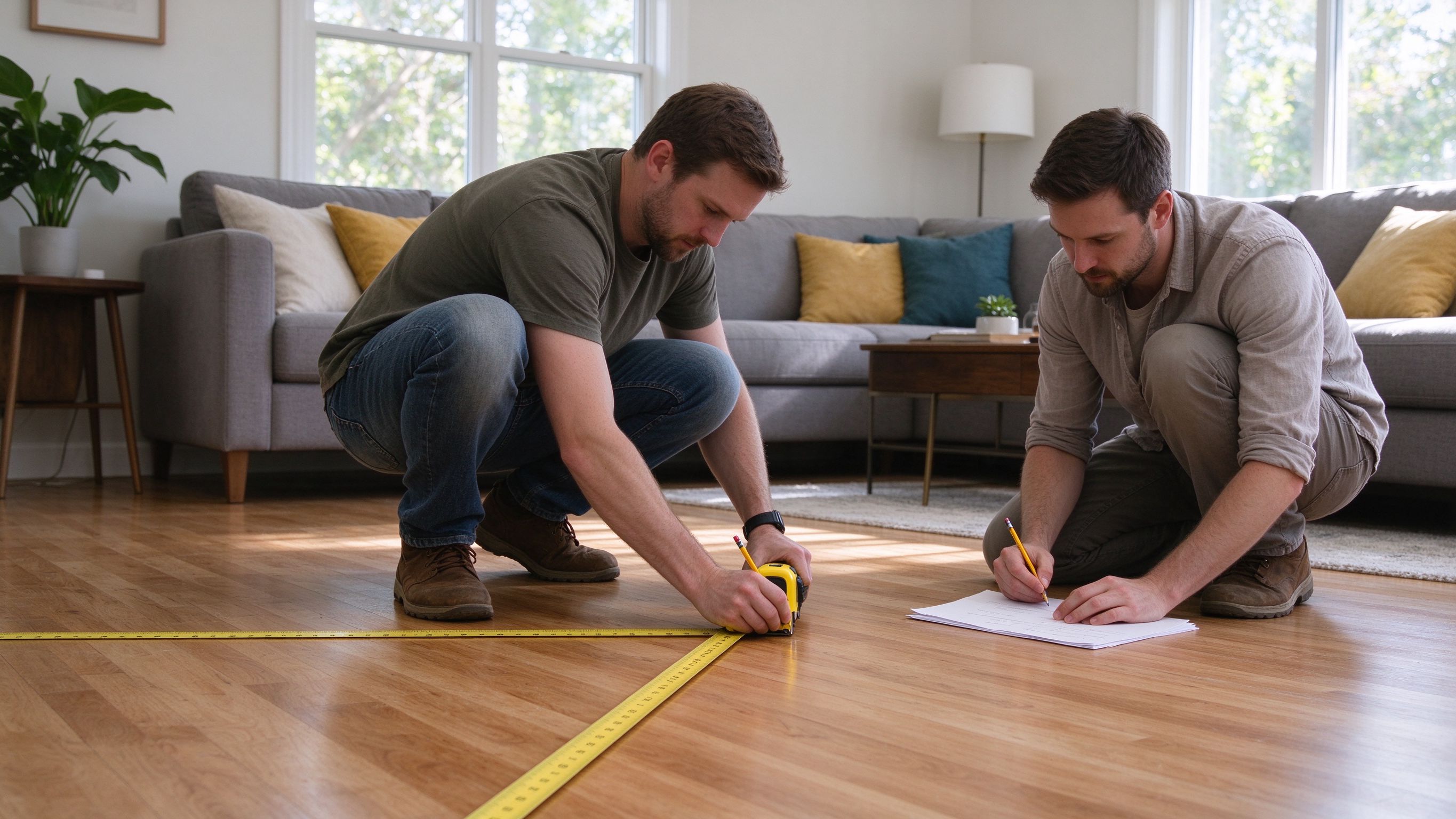 Two people measuring a living-room floor with a tape measure