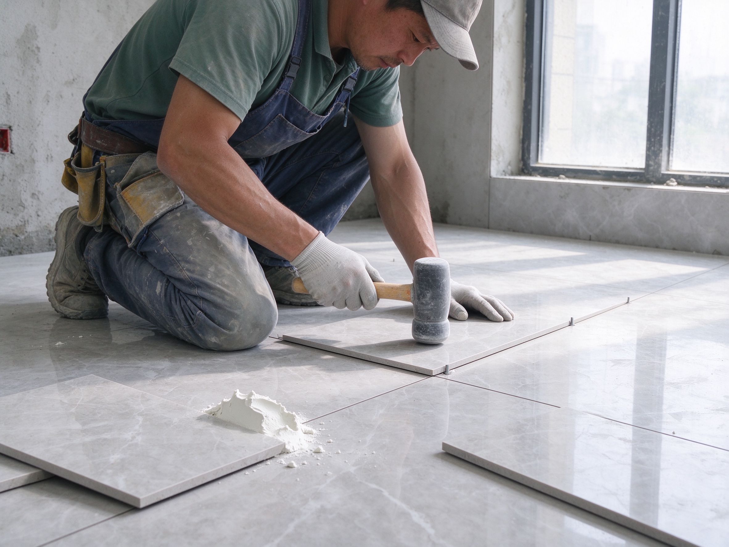 Laying grey tile on a kitchen floor