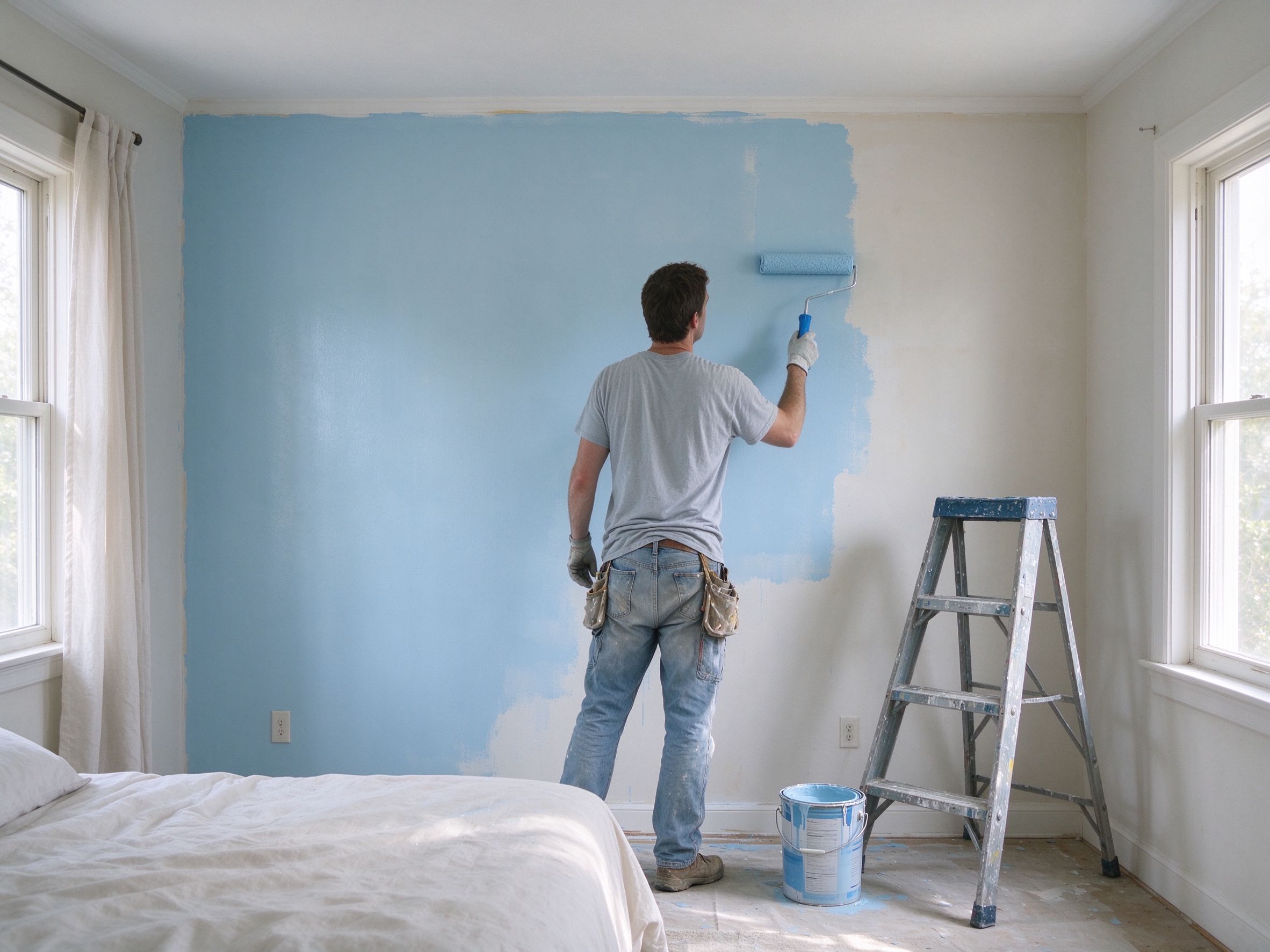 Painting a bedroom wall with a roller